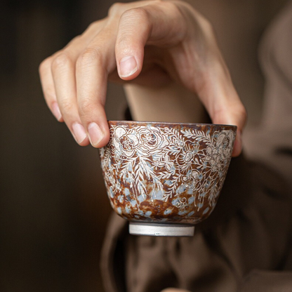 Silver-Detailing Ceramic Cup with Floral Pattern and Gift Box