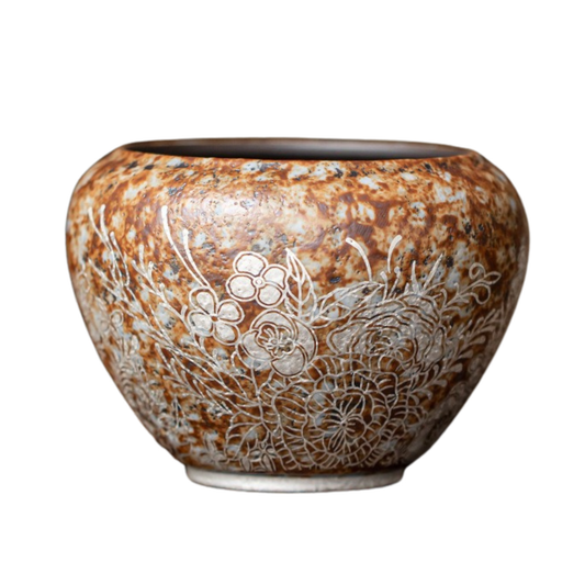 Kiln-Transmutated-Ceramic-Lidless-Jar-with-Silver-Detailing-Floral