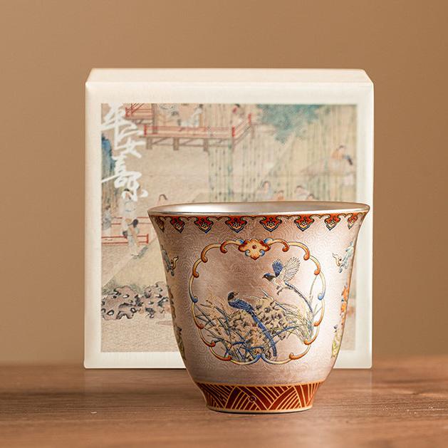 Silver-Gilt Ceramic Mini Cup with Treasure Floral & Magpies