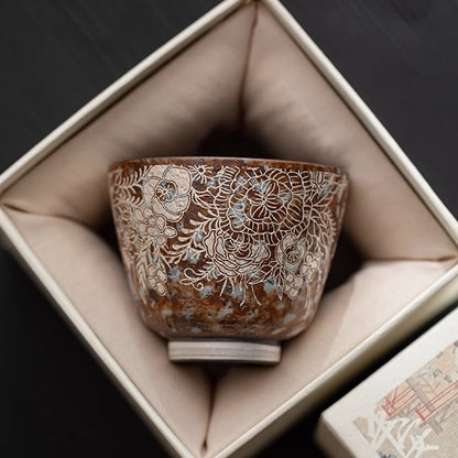 Silver-Detailing Ceramic Cup with Floral Pattern and Gift Box