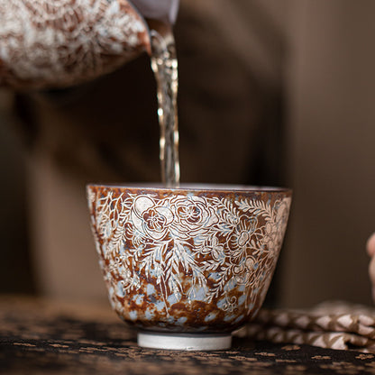 Silver-Detailing Ceramic Cup with Floral Pattern and Gift Box