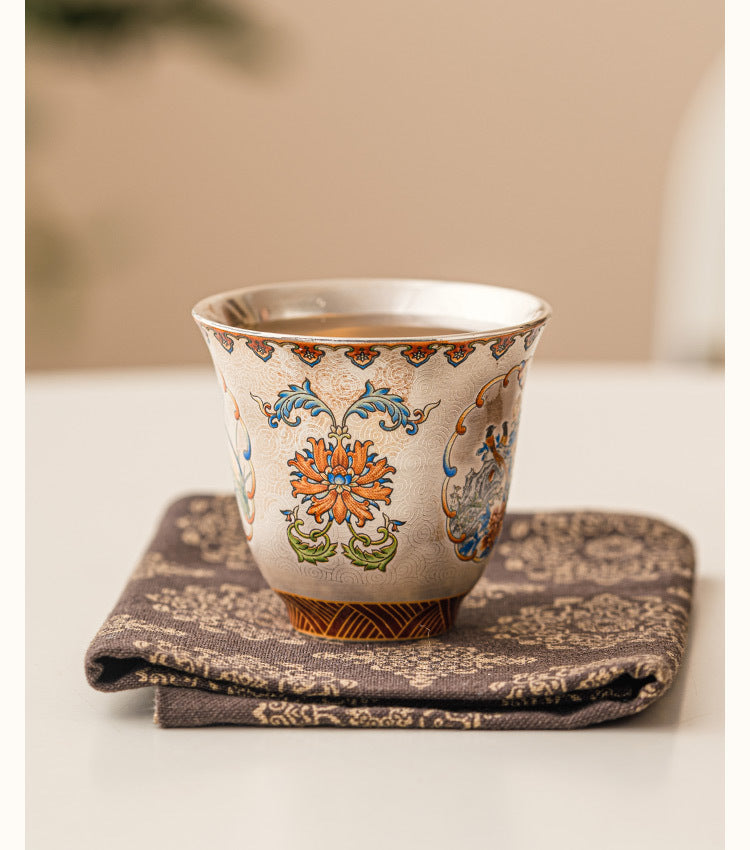 Silver-Gilt Ceramic Mini Cup with Treasure Floral & Magpies