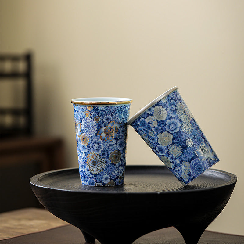 Ru-Crackles-Ceramic-Mug-with-Golden-Detailing-of-Blue-Floral-Patterns-set