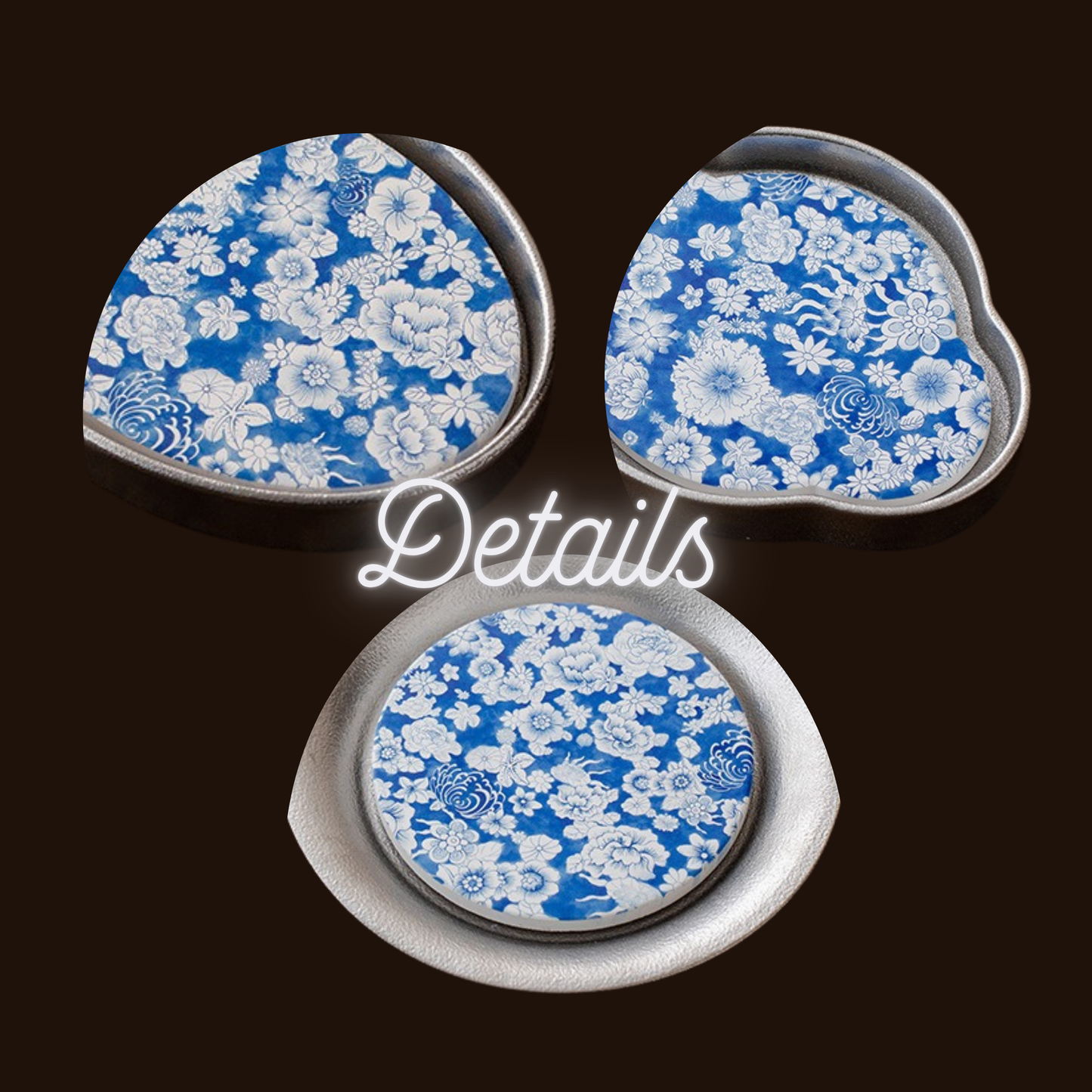 Silver-Gilt Ceramic Draining Coasters Blue Floral - Set of 2