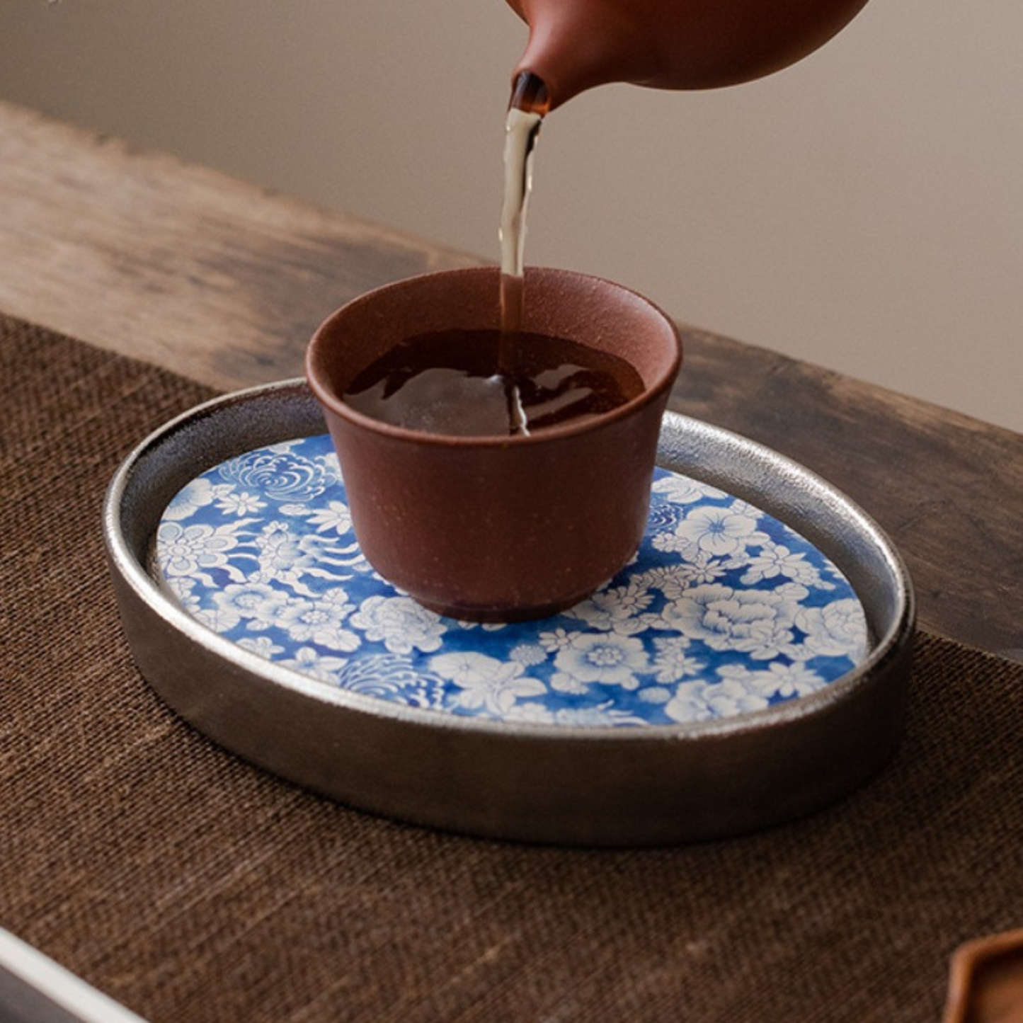 Silver-Gilt Ceramic Draining Coasters Blue Floral - Set of 2