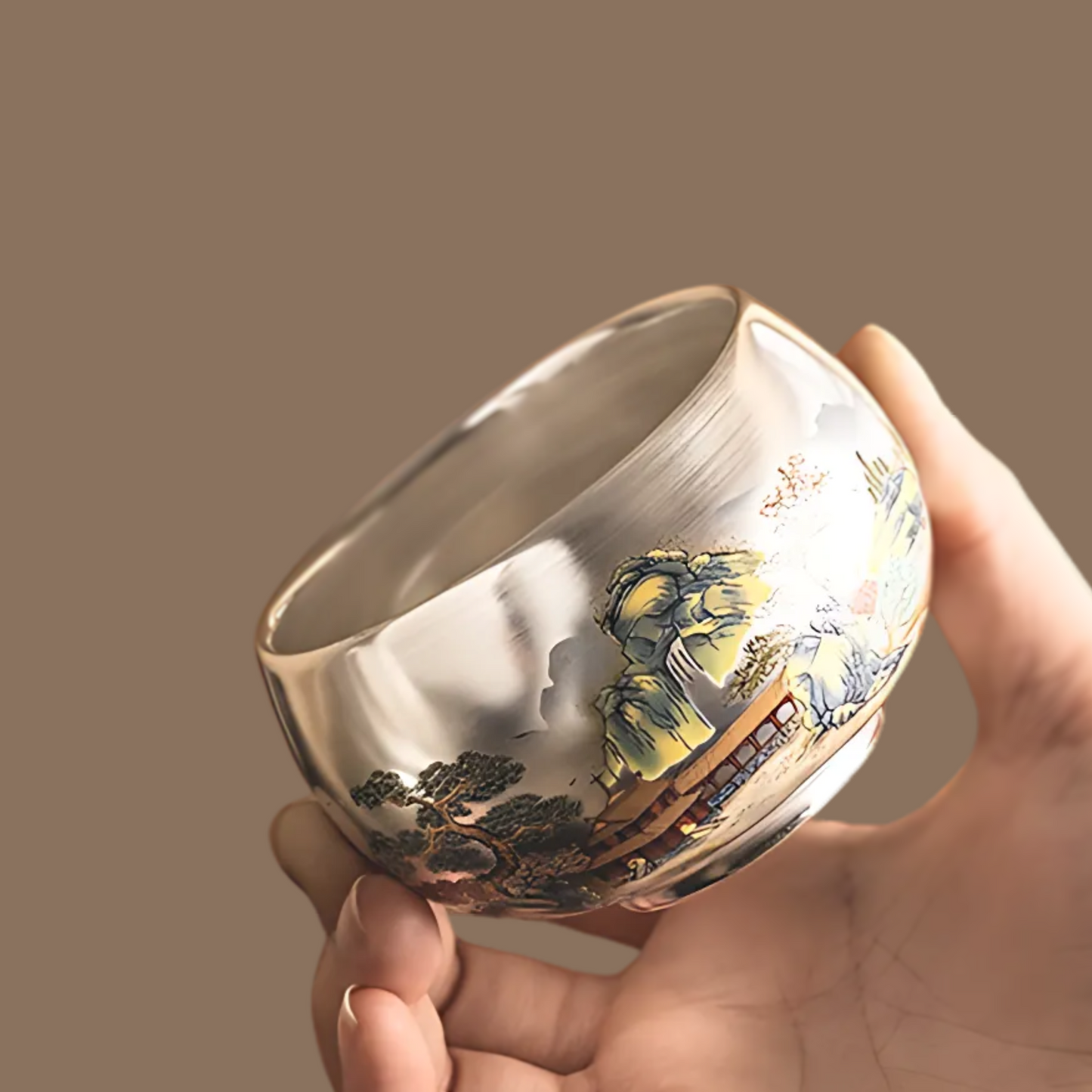 Silver-Gilt Ceramic Mini Cup with Gift Box Shuimo Ink Wash