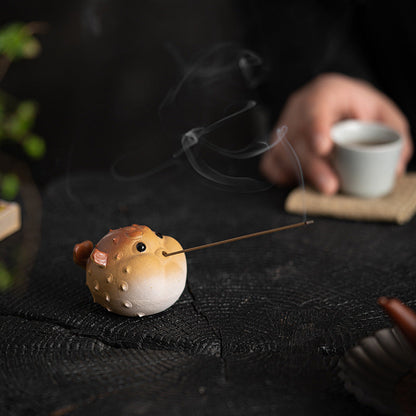 Purple-Sand Mud Puffer Fish Incense Holder Holding a Stick Incense